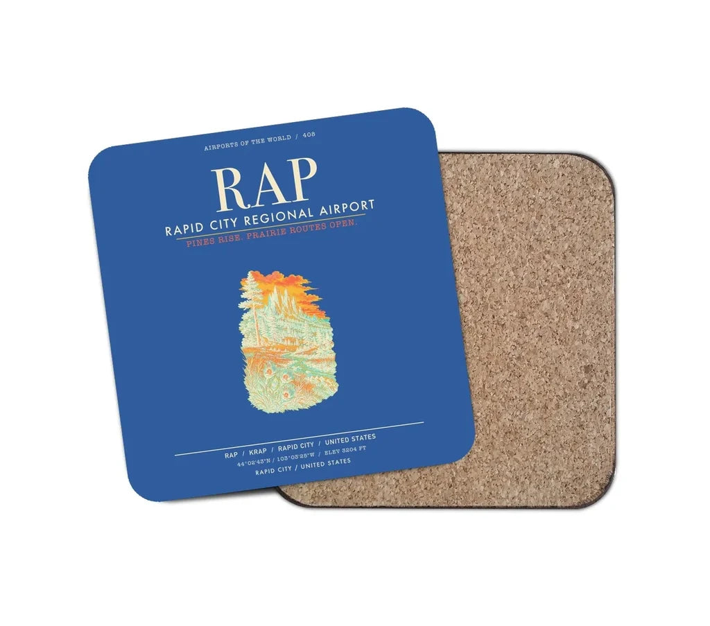 Rapid City Regional Airport (RAP) design on blue 1 piece coaster