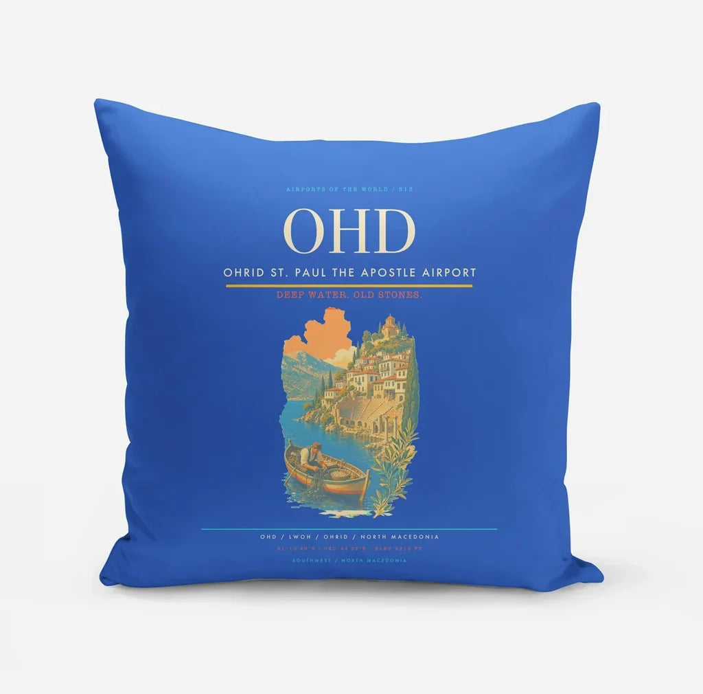 Ohrid St. Paul the Apostle Airport (OHD) design on blue pillow