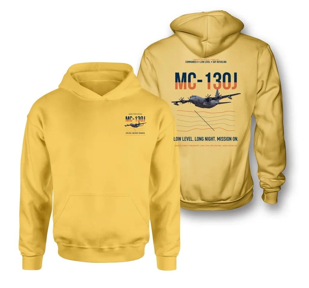 MC-130J COMMANDO II design on yellow double-side hoodie, double-side print