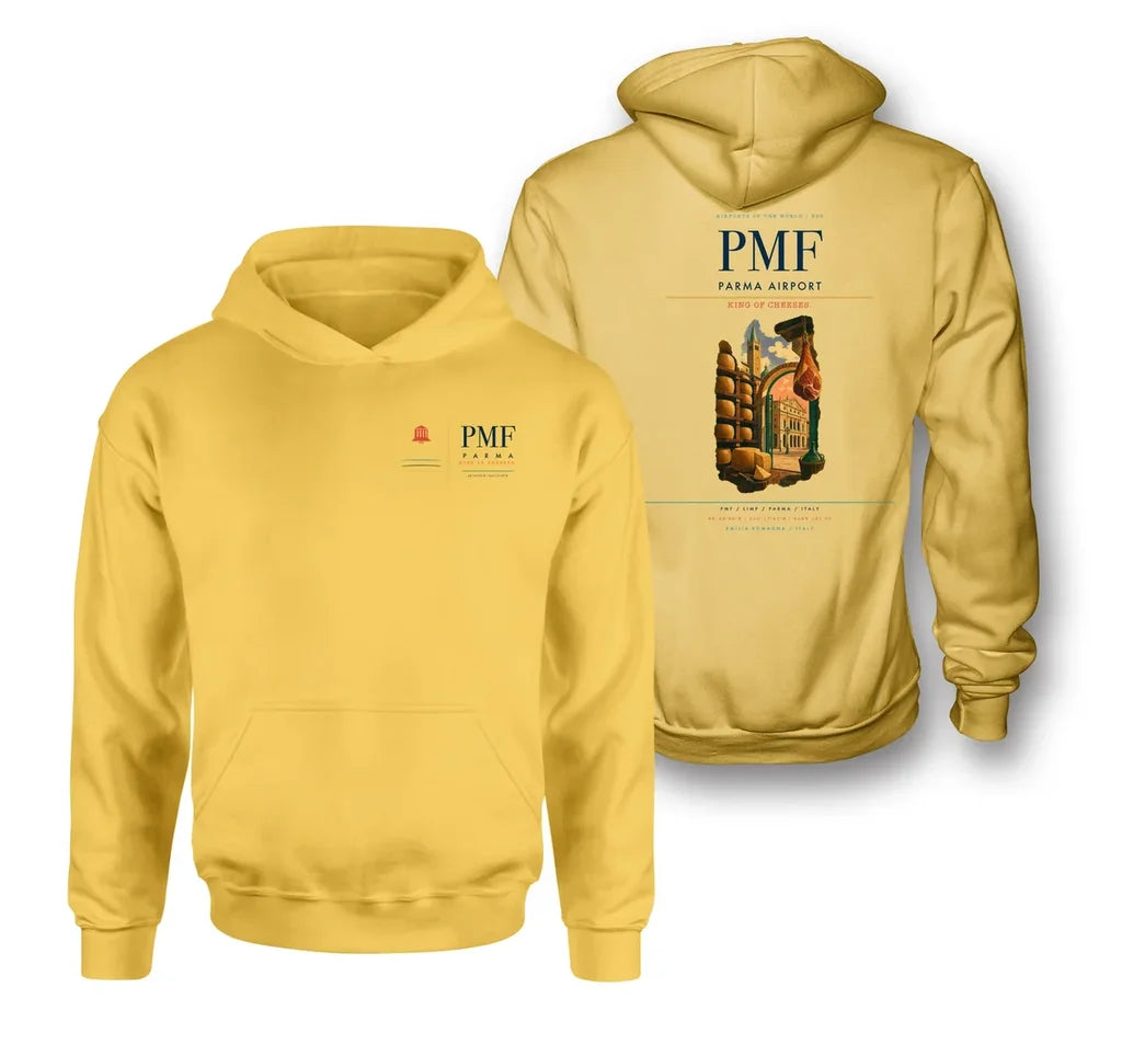 Parma Airport (PMF) design on yellow double-side hoodie