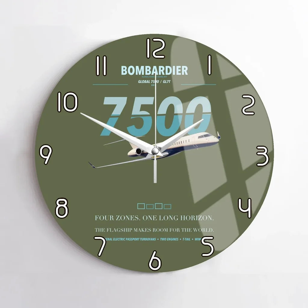 Bombardier Global 7500 design on green army no frame wall clock