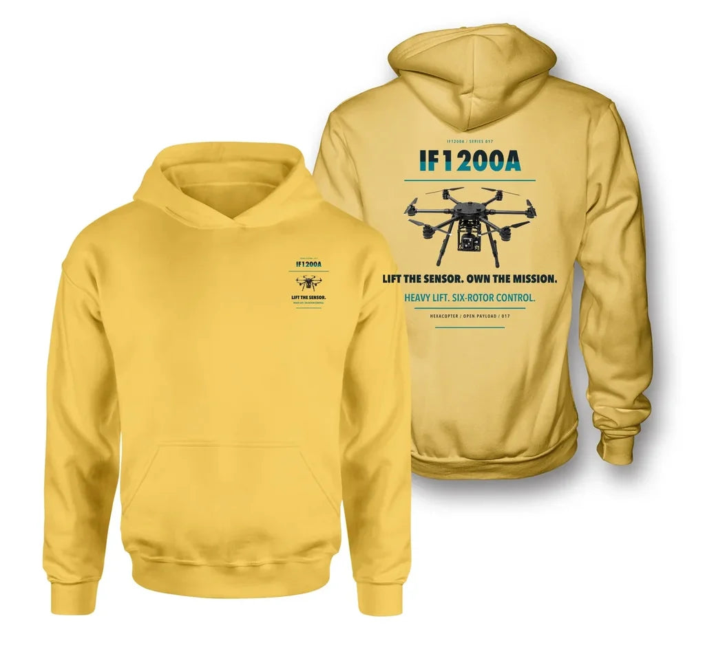 Inspired Flight IF1200A design on yellow hoodie