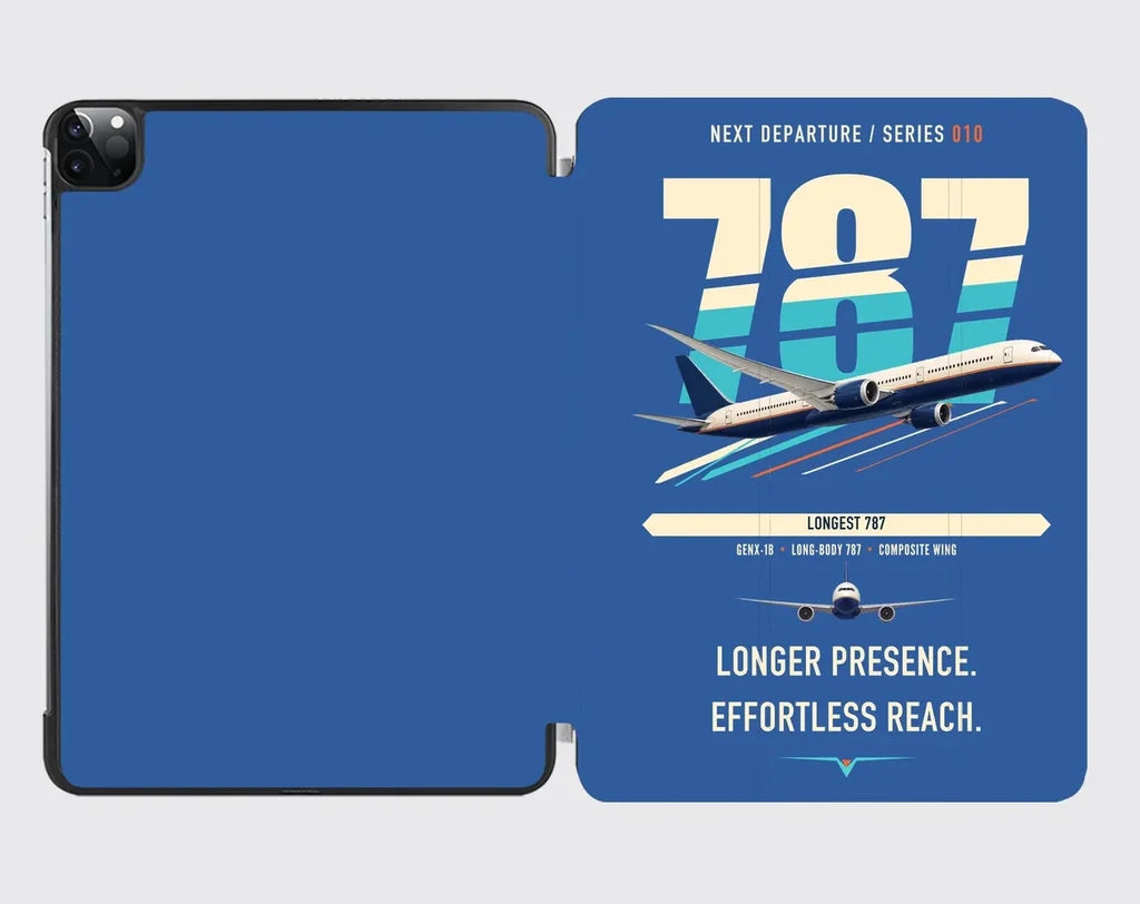 Boeing 787-10 Dreamliner design on blue ipad tablet case