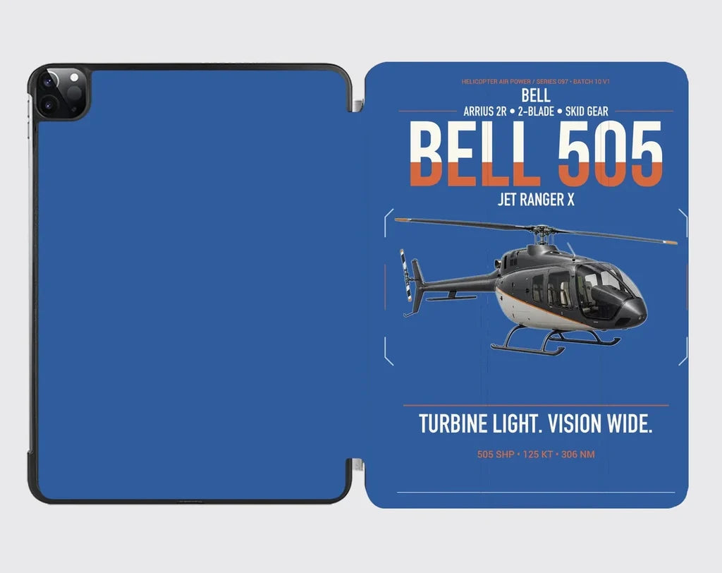 Bell 505 Jet Ranger X design on blue ipad tablet case