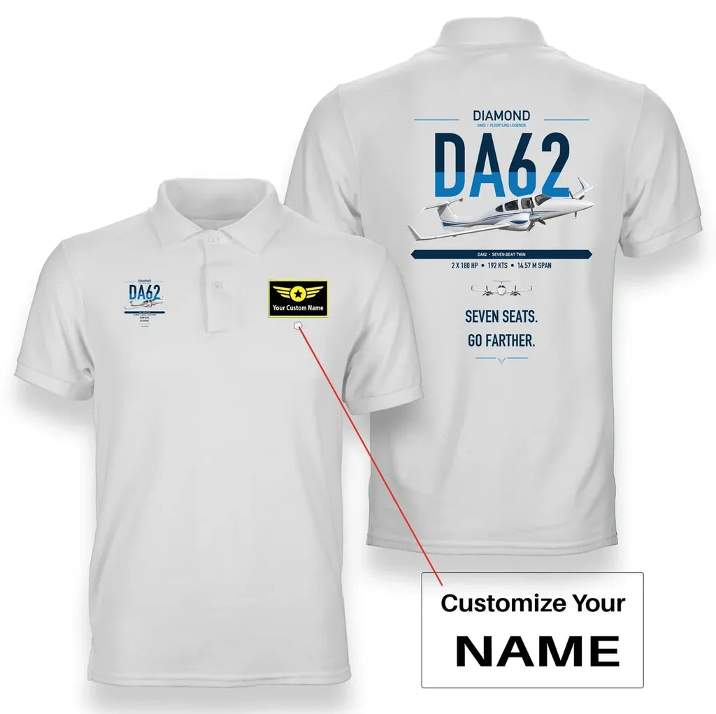 Diamond DA62 design on white+name double-side polo t-shirt, double-side print