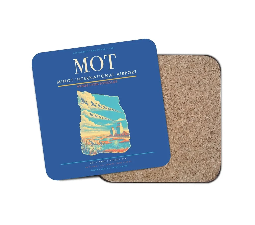 Minot International Airport (MOT) design on blue 1 piece coaster