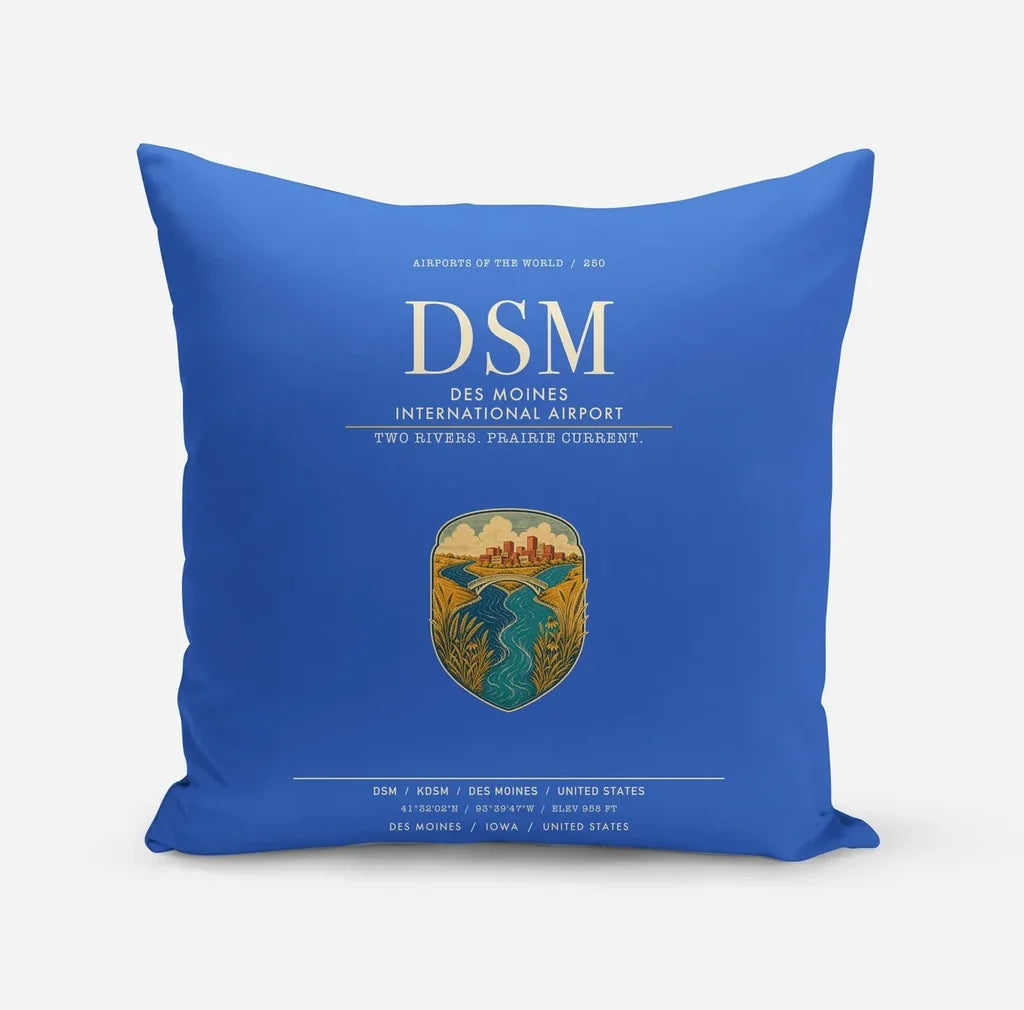 Des Moines International Airport (DSM) design on blue pillow