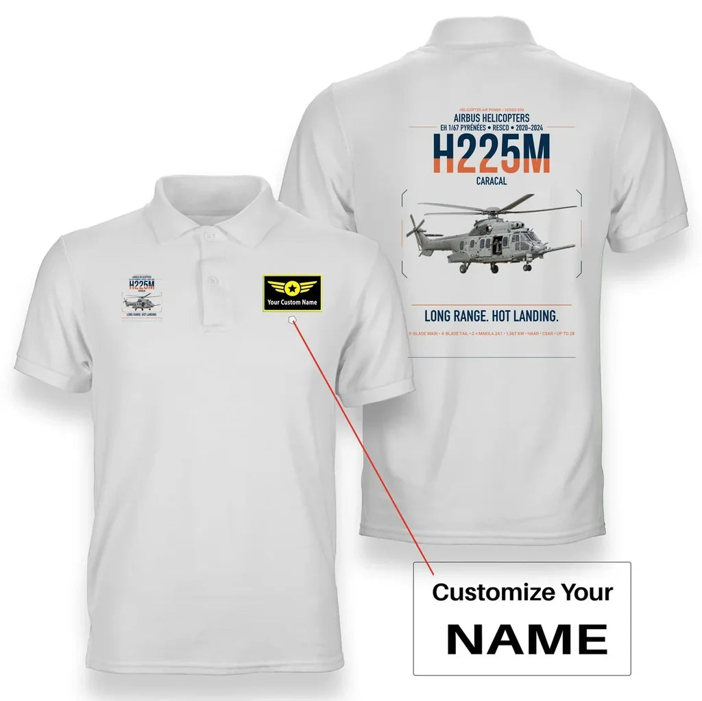 Airbus Helicopters H225M Caracal design on white+name double-side polo t-shirt, double-side print
