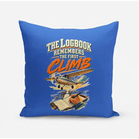 Thumbnail for The Logbook Remembers The First Climb design on blue pillow