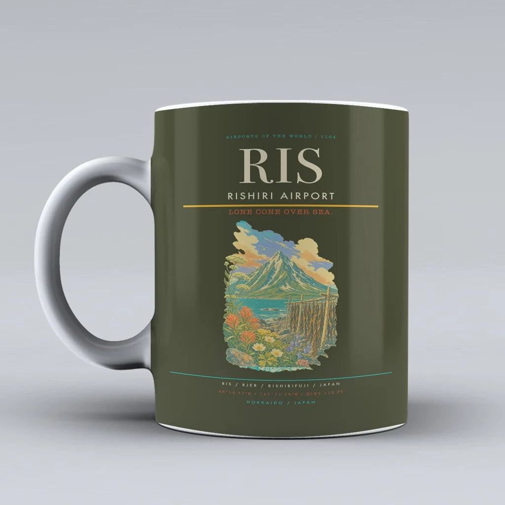 Rishiri Airport (RIS) airport code design on green army ceramic mug