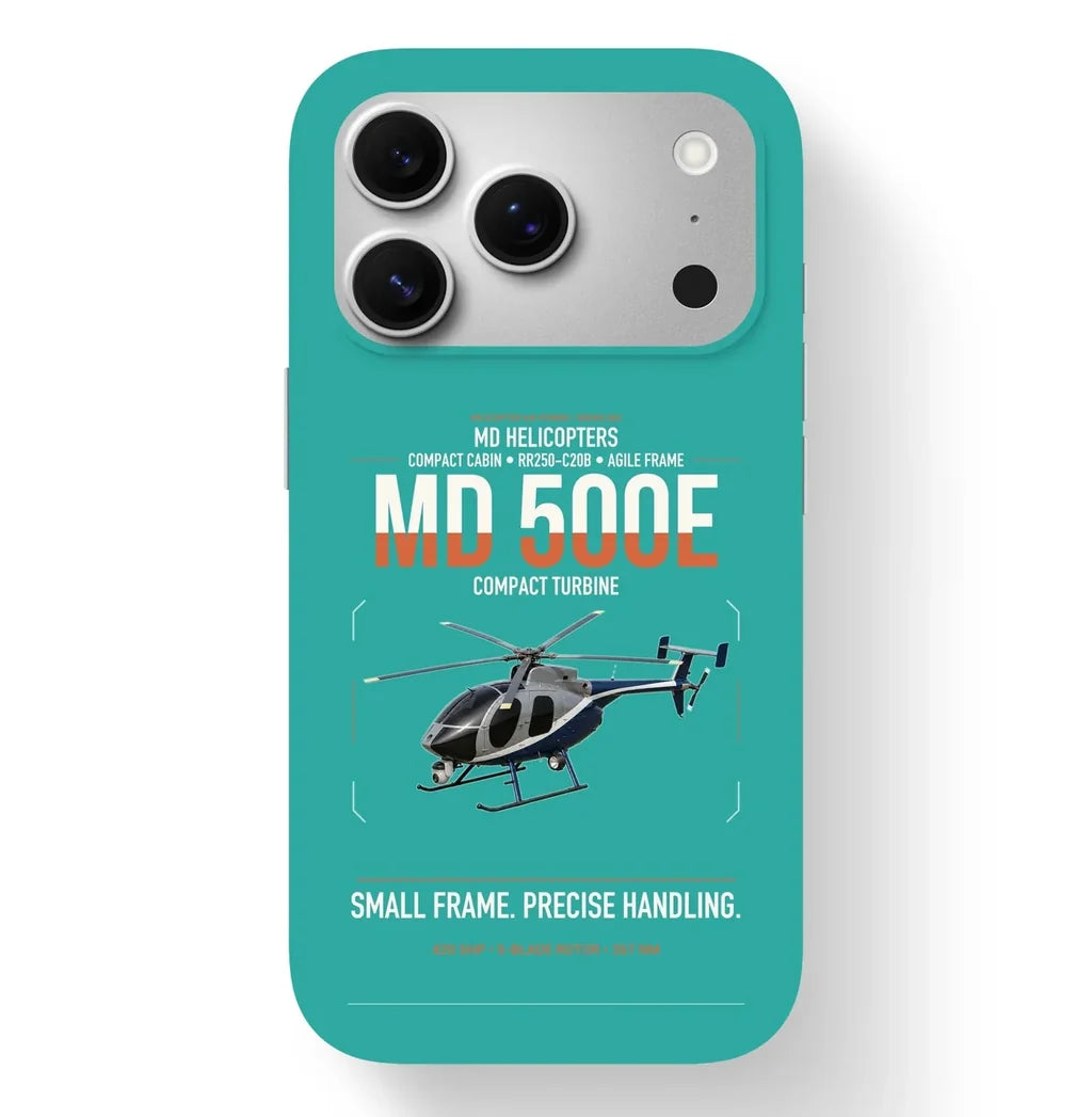 MD Helicopters MD 500E design on turquoise magsafe iphone case, for iPhone 17 Pro