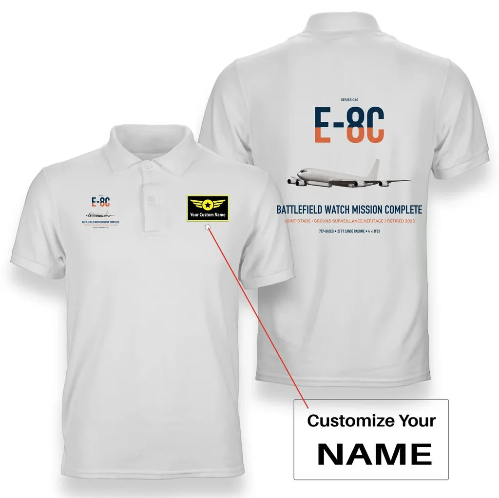 E-8C Joint STARS design on white+name double-side polo t-shirt, double-side print
