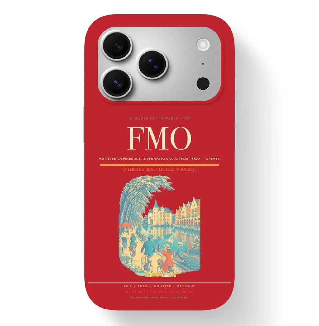 Greven Airport (FMO) design on red iPhone 17 Pro MagSafe case