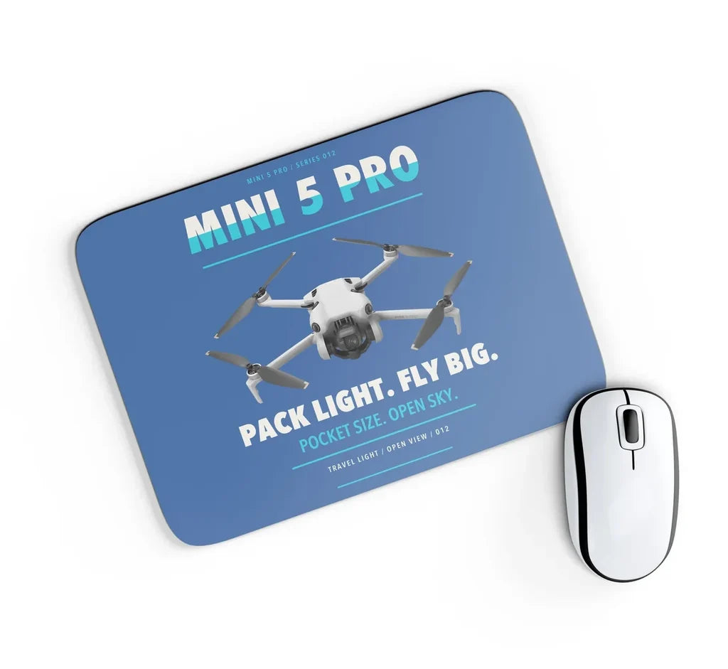 DJI Mini 5 Pro design on blue rectangle mouse pad