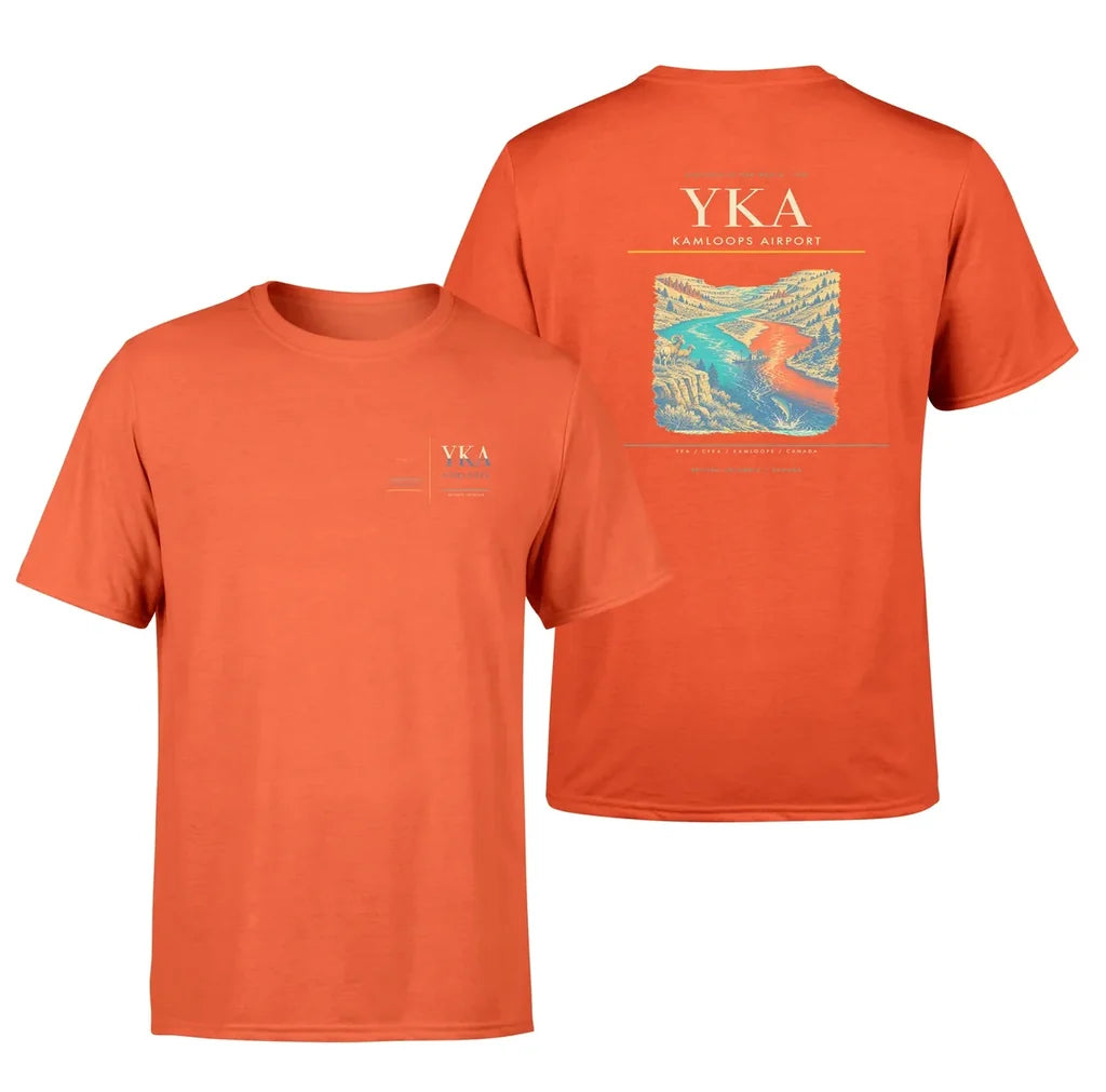 Kamloops Airport (YKA) design printed on orange double-side t-shirt