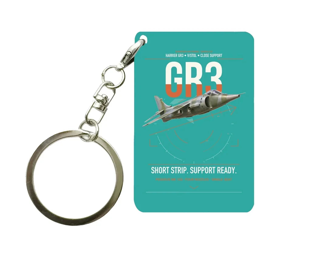 Hawker Siddeley Harrier GR3 design on turquoise designed key chain, double-side print