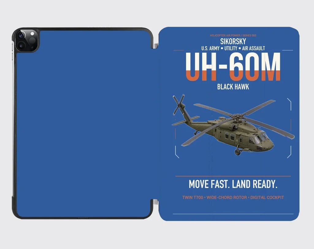 Sikorsky UH-60M Black Hawk design on blue ipad tablet case