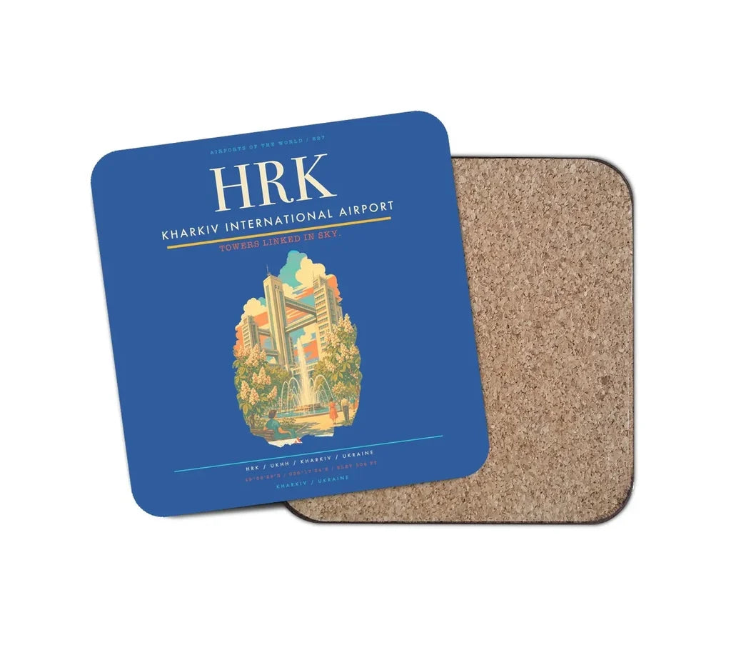Kharkiv International Airport (HRK) design on blue 1 piece coaster