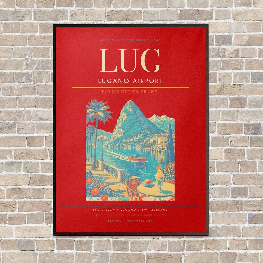 Lugano Airport LUG vertical canvas print - framed - red background