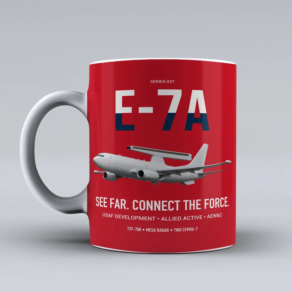 E-7A Wedgetail design on red ceramic mug, double-side print