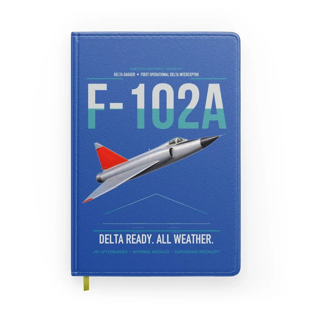 F-102A Delta Dagger design on blue notebook
