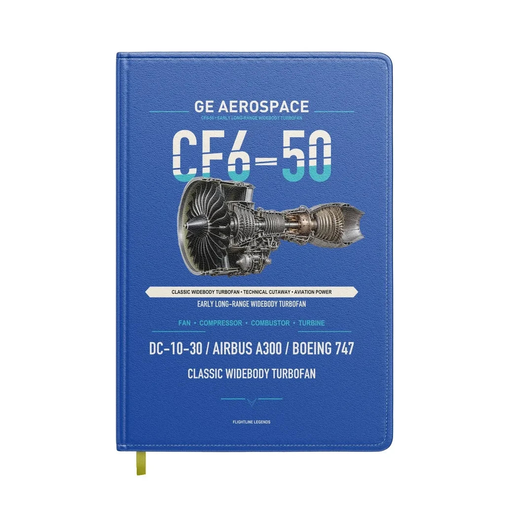 CF6-50 design on blue notebook
