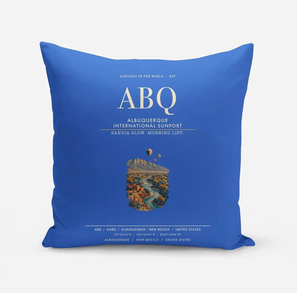 Albuquerque International Sunport (ABQ) design on blue pillow