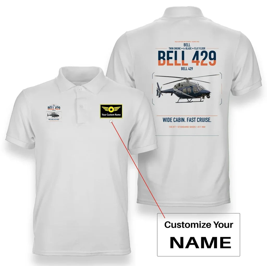 Bell 429 design on white+name double-side polo t-shirt, double-side print