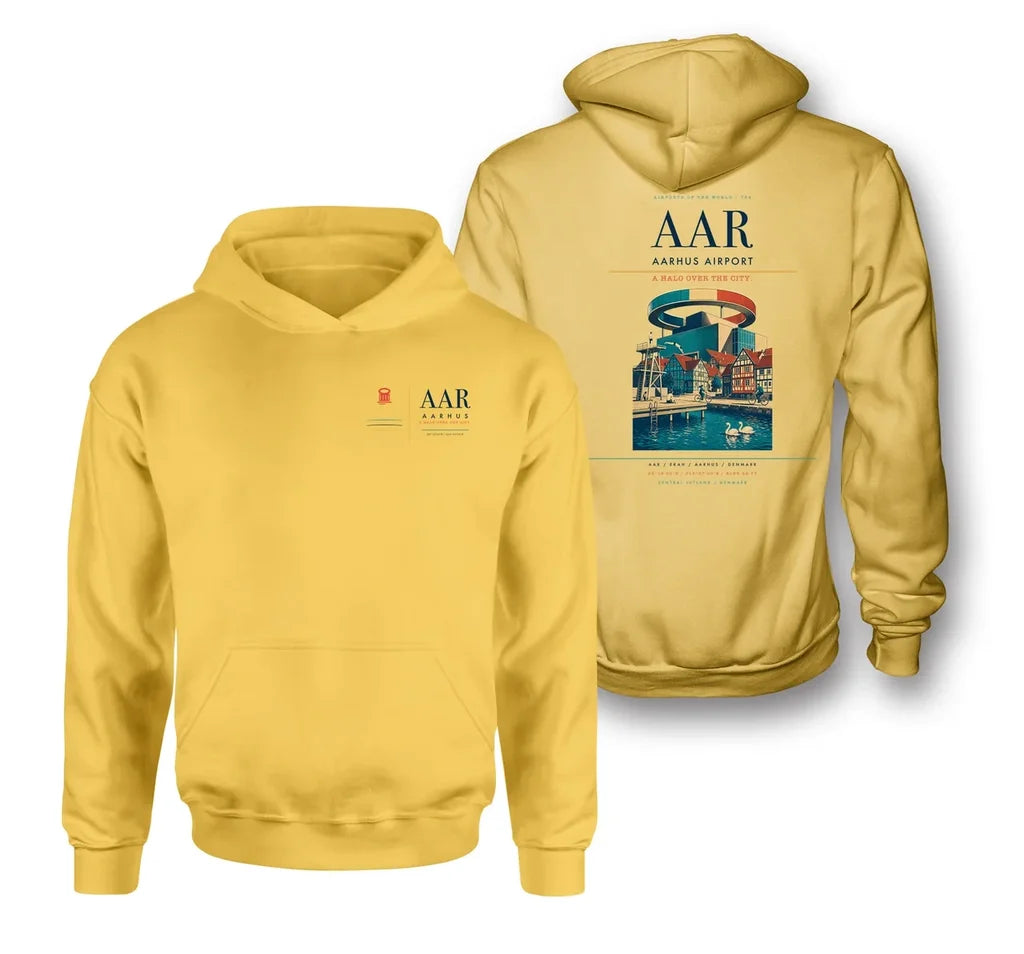 Aarhus Airport (AAR) design on yellow double-side hoodie