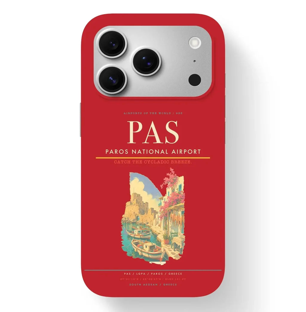 Paros Airport (PAS) design on red iPhone 17 Pro MagSafe case