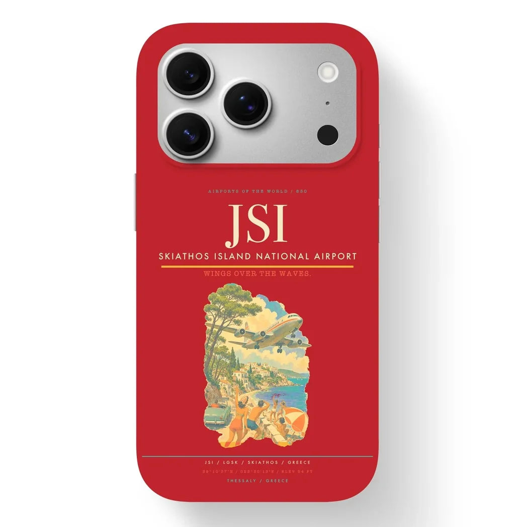 Skiathos Airport (JSI) design on red iPhone 17 Pro MagSafe case