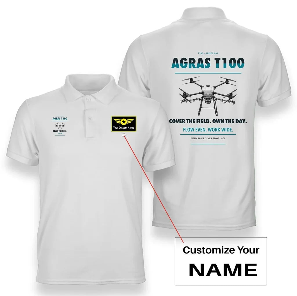 DJI Agras T100 design on white polo with custom name badge