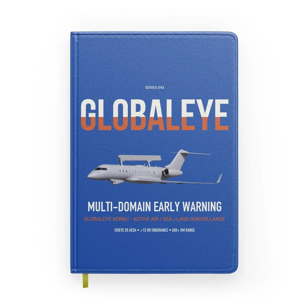 Saab GlobalEye design on blue notebook