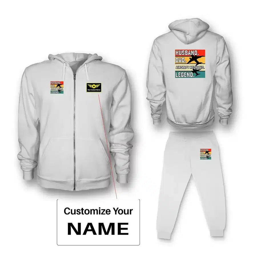 Husband & Dad & Aircraft Mechanic & Legend Zipped Hoodie - White + Name (Customizable)