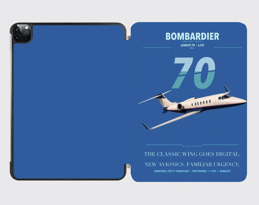 Bombardier Learjet 70 design on blue ipad tablet case