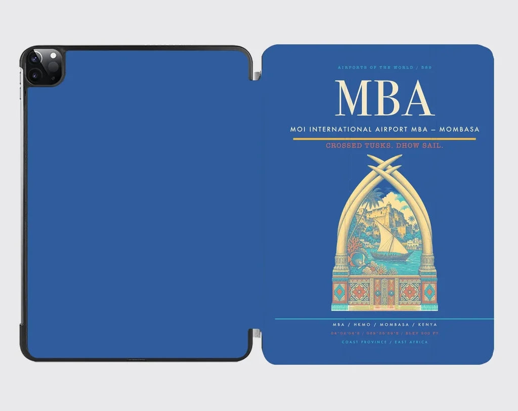 Moi International Airport (MBA) design on blue ipad tablet case