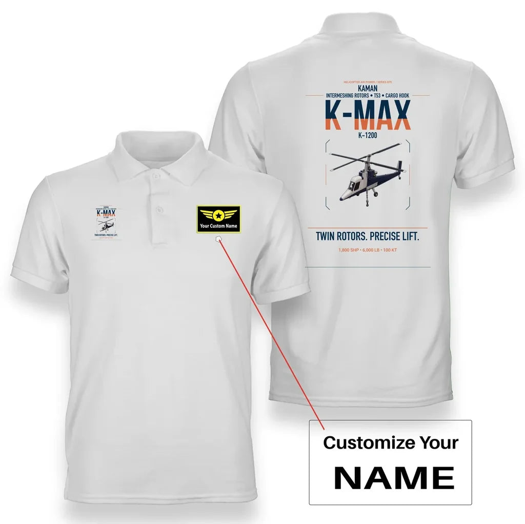 Kaman K-1200 K-MAX design on white+name double-side polo t-shirt, double-side print