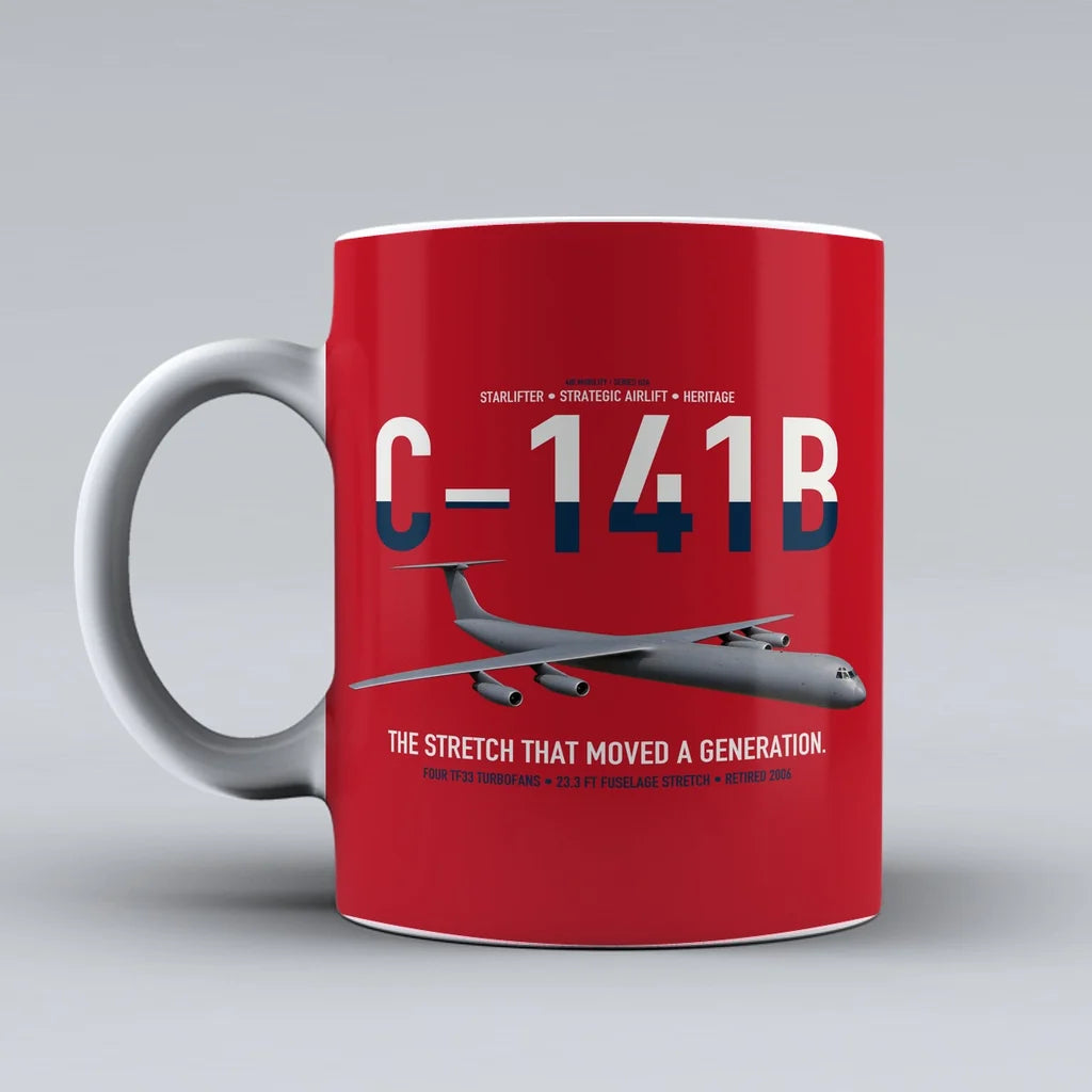 C-141B Starlifter design on red ceramic mug, double-side print