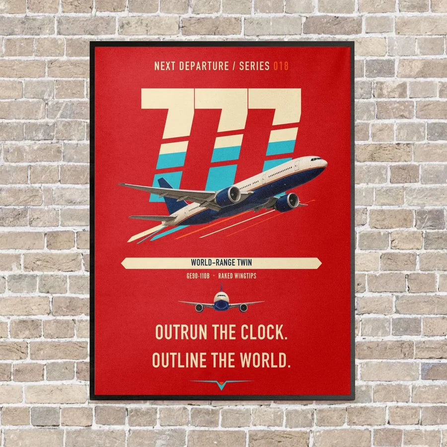 Boeing 777-200LR vertical canvas print - framed - red background