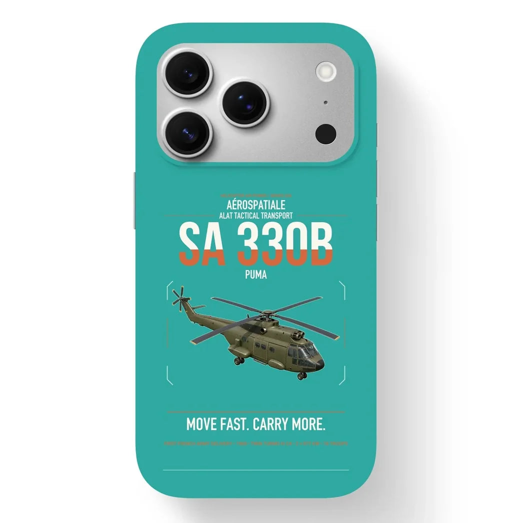 Aérospatiale SA 330B Puma design on turquoise magsafe iphone case, for iPhone 17 Pro