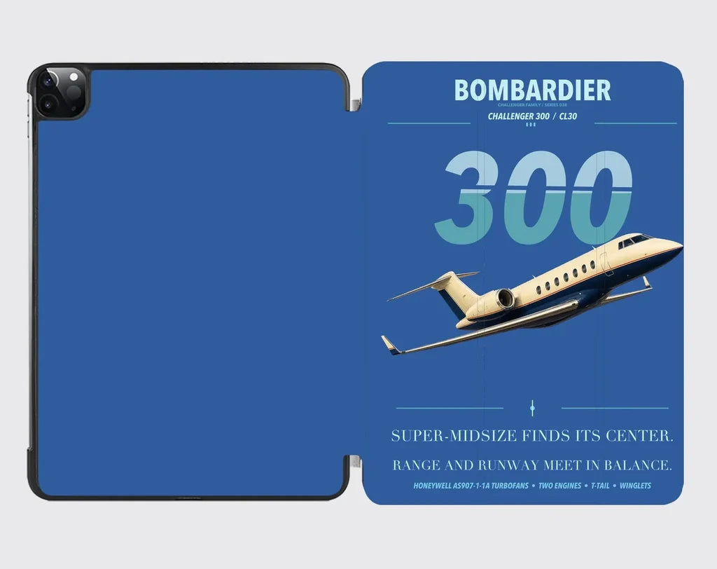 Bombardier Challenger 300 design on blue ipad tablet case