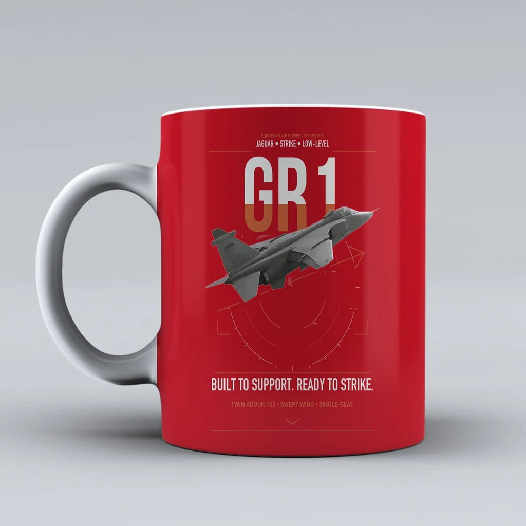 SEPECAT Jaguar GR1 design on red ceramic mug, double-side print
