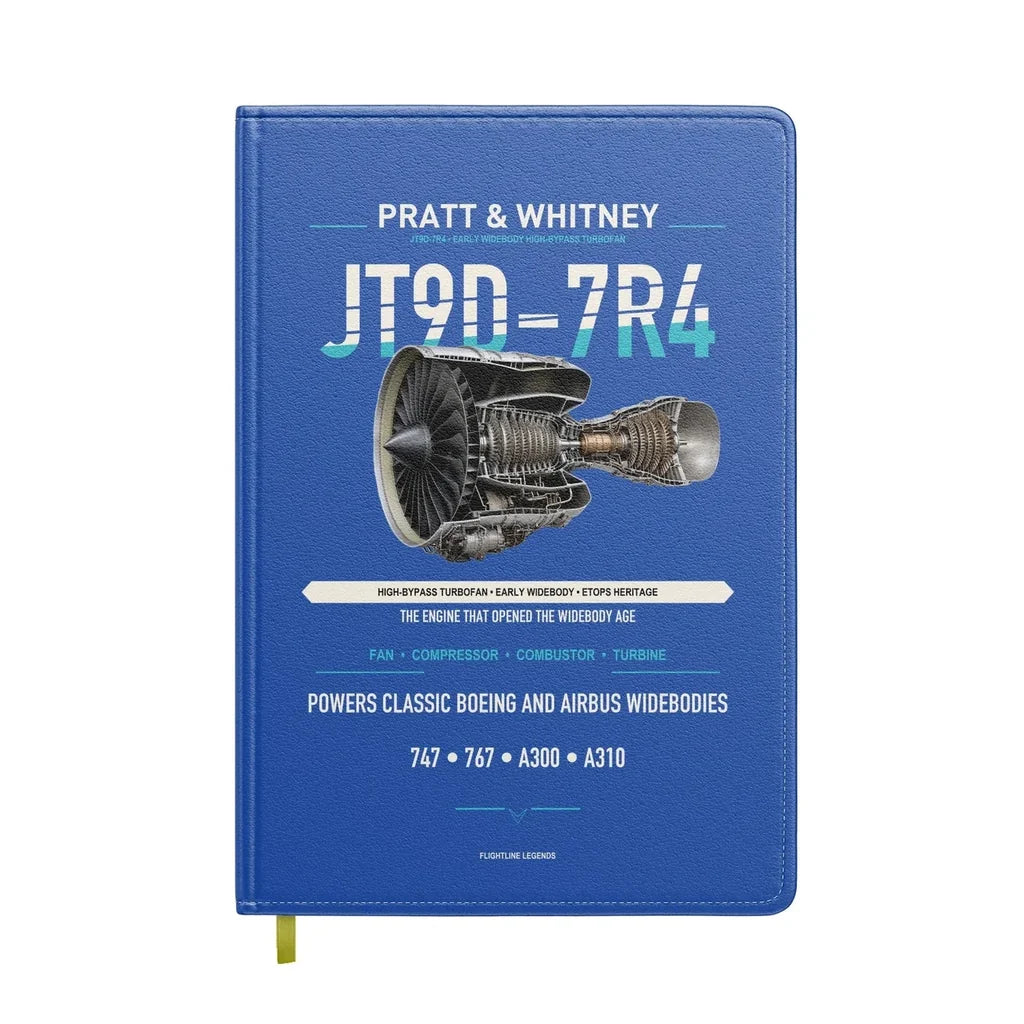JT9D-7R4 design on blue notebook