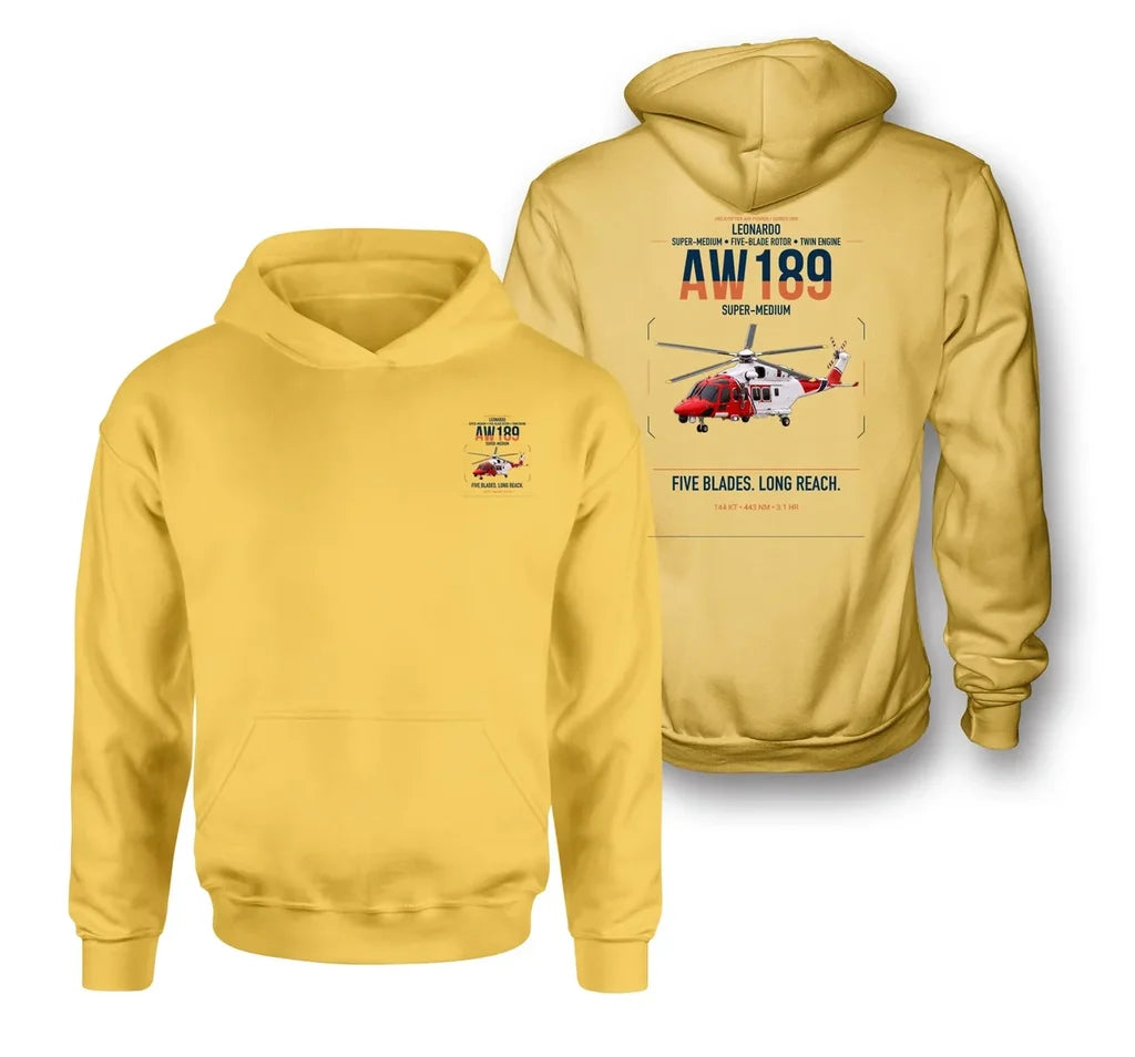 Leonardo AW189 design on yellow double-side hoodie, double-side print