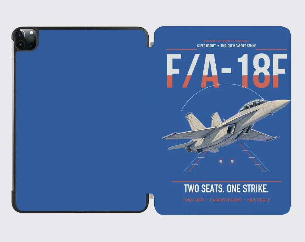 F-A-18F Super Hornet design on blue ipad tablet case