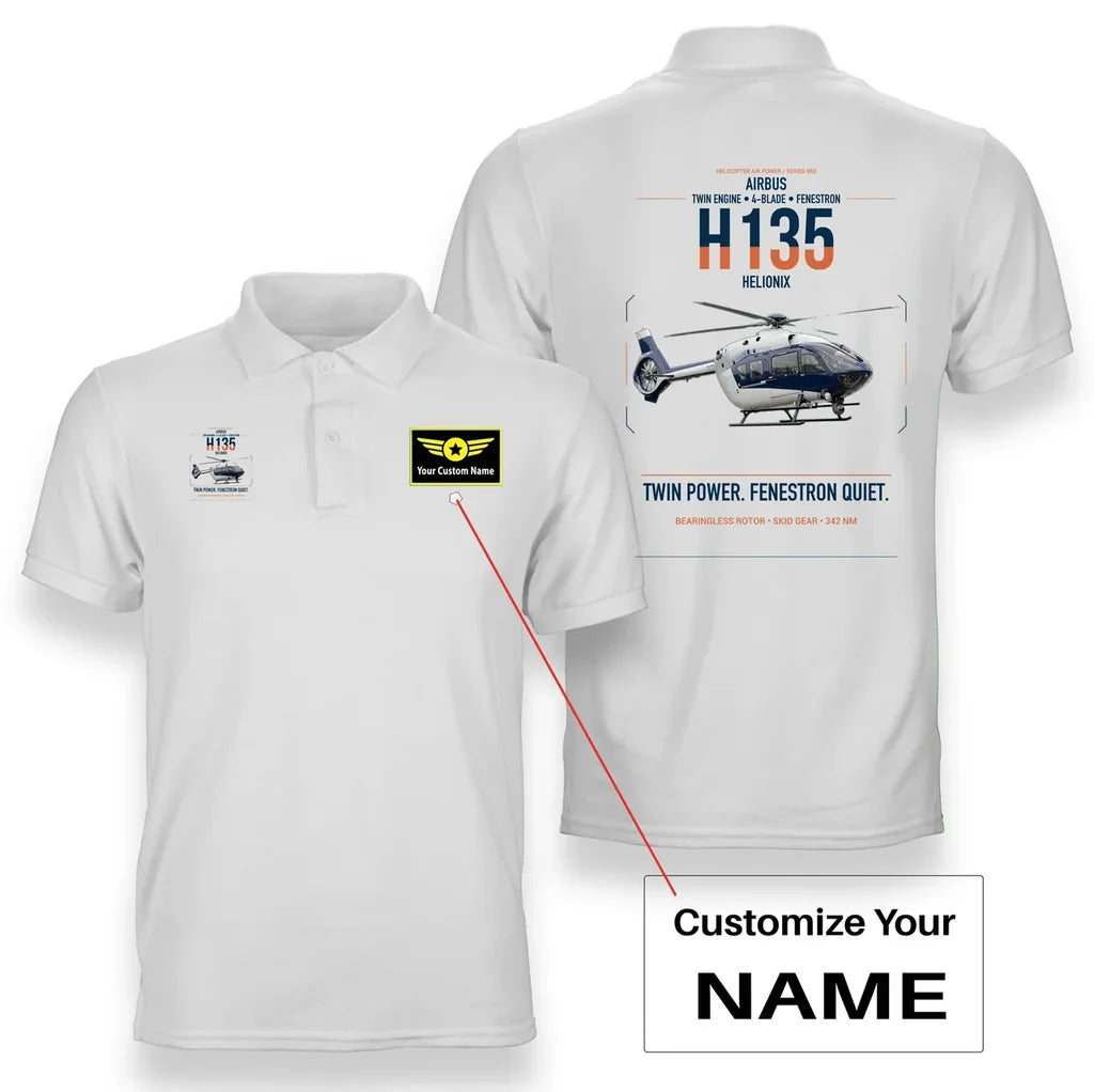 Airbus H135 design on white+name double-side polo t-shirt, double-side print