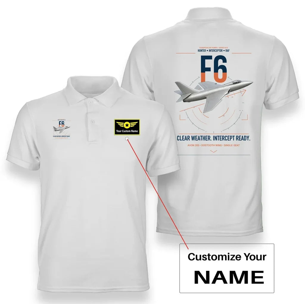 Hawker Hunter F6 design on white+name double-side polo t-shirt, double-side print
