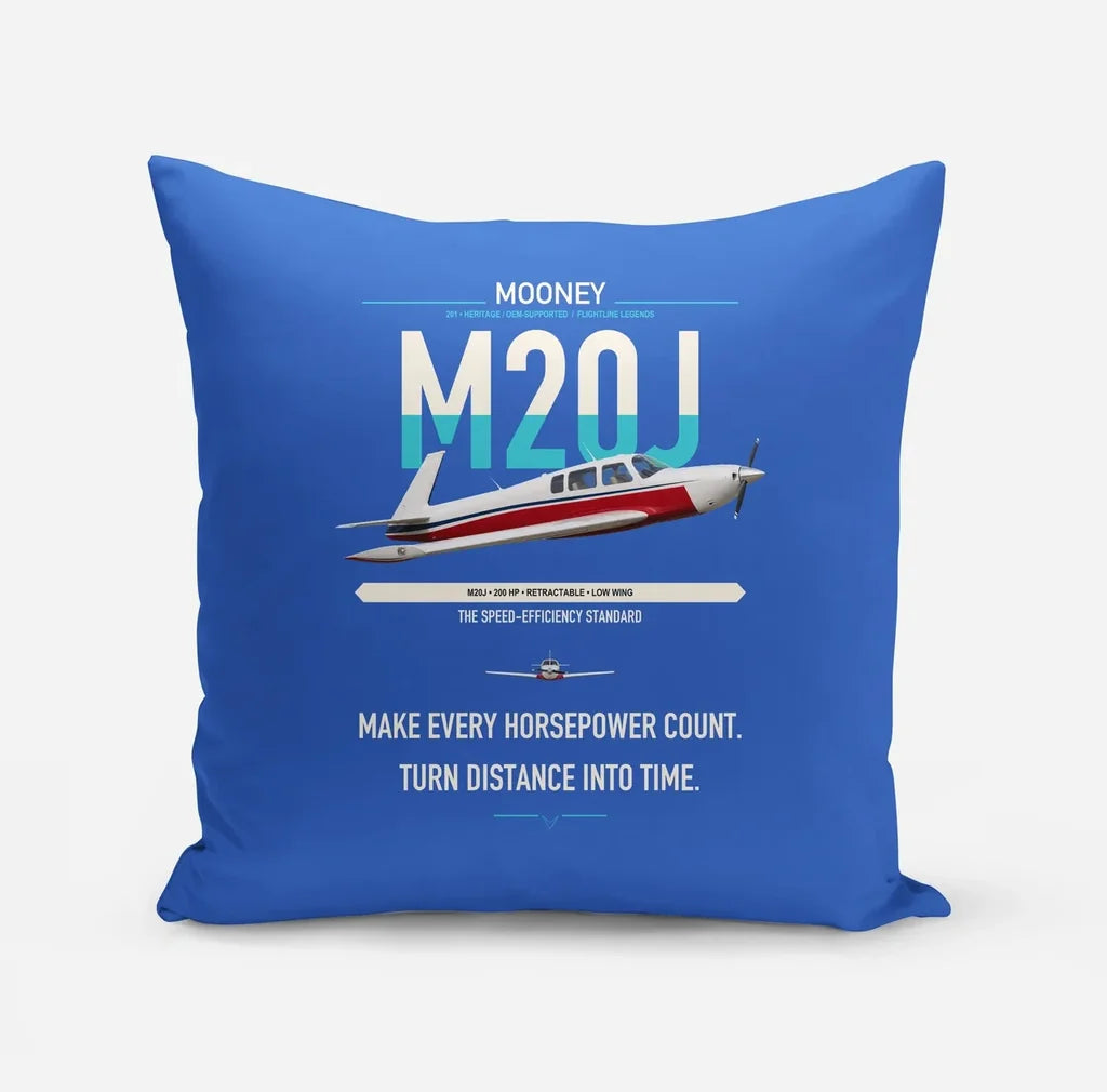 Mooney M20J 201 design on blue pillow