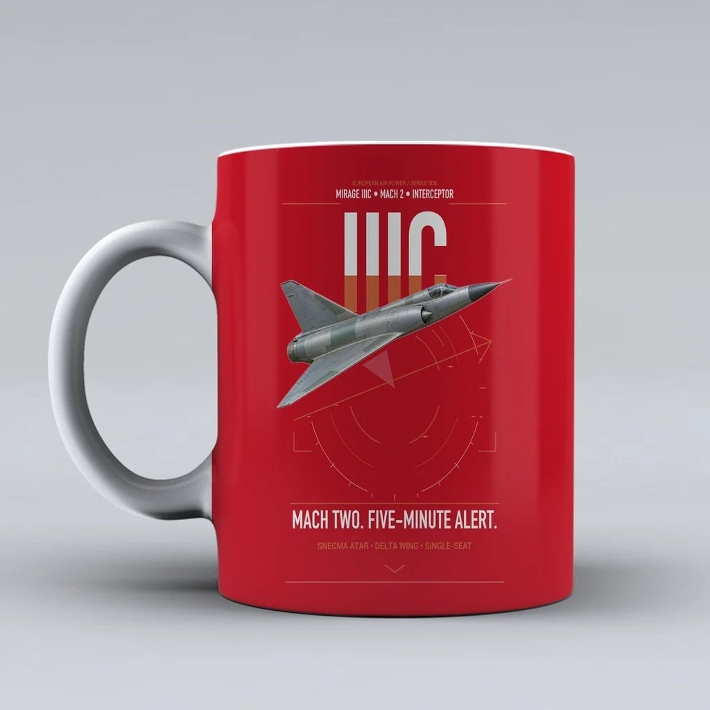 Dassault Mirage IIIC design on red ceramic mug, double-side print