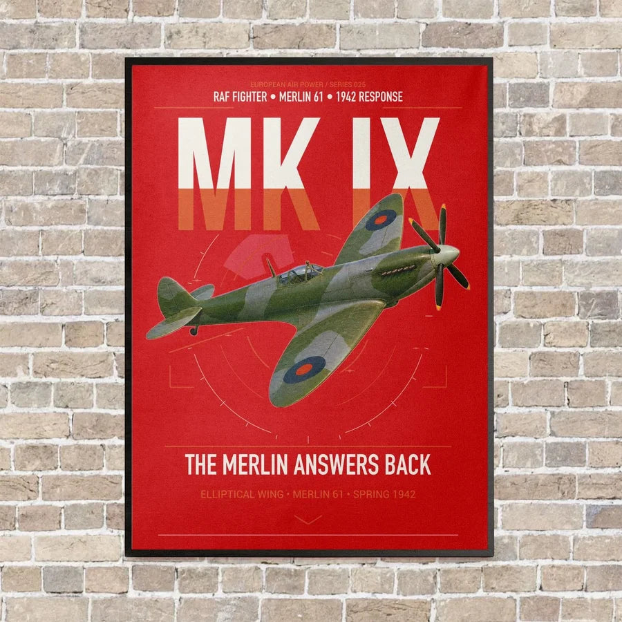 Supermarine Spitfire Mk IX vertical canvas print - framed - red background
